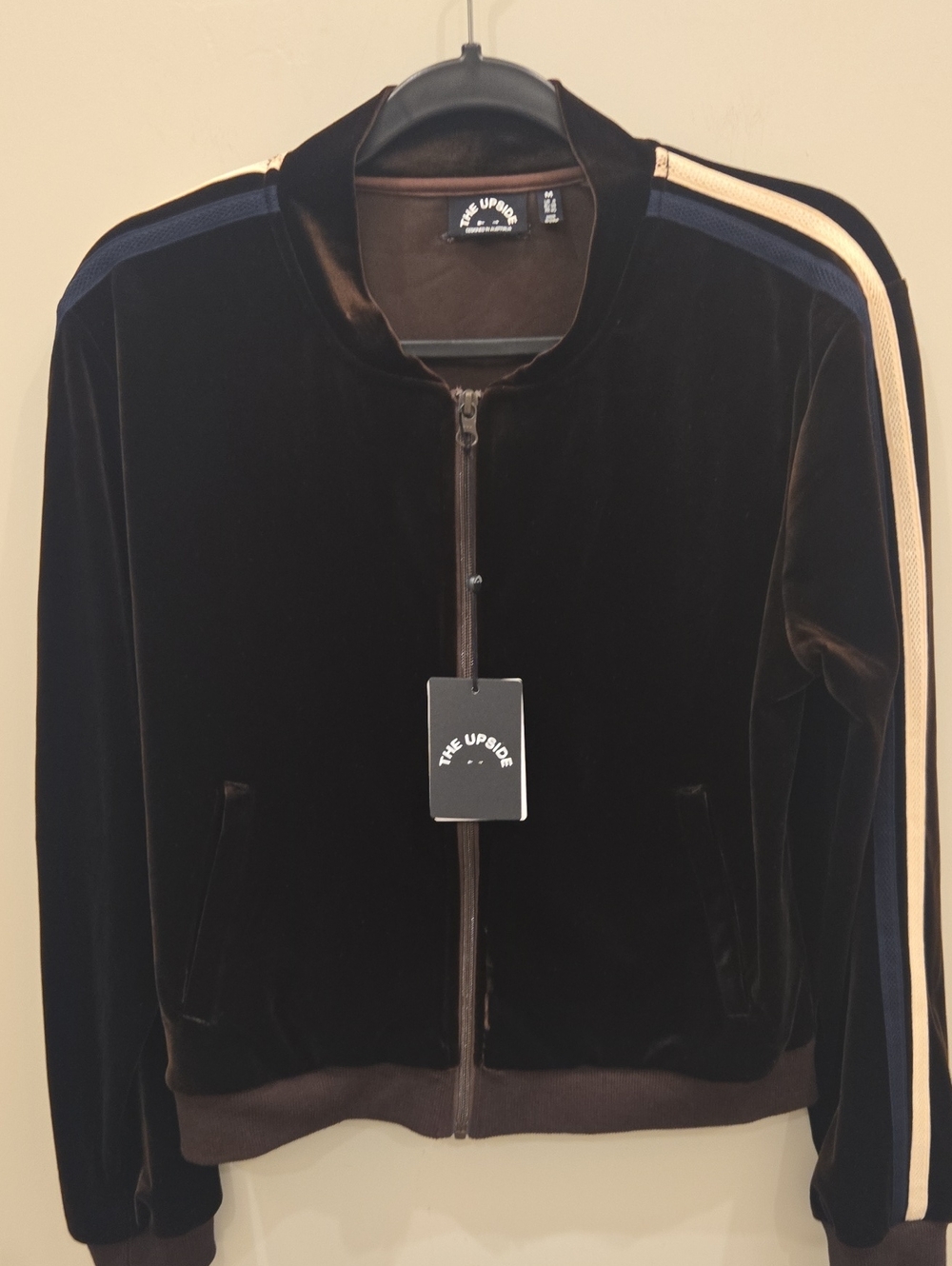 NWT The Upside Womens Brown Velvet Bomber Jacket with Cream & Navy Stripes. Med.